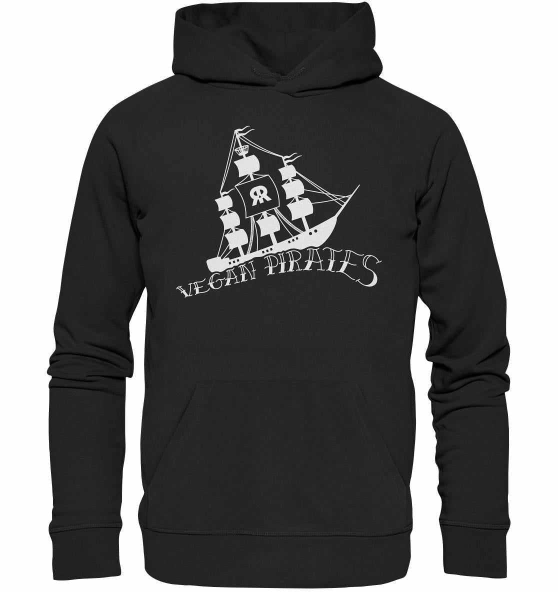 Schwarzer Hoodie mit Piratenschiff-Design, vegan und nachhaltig aus Bio-Baumwolle und recyceltem Material, von RUDE REBEL.