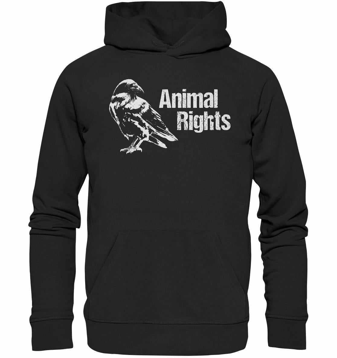 Vegan und Bio Hoodie: Raven - Animal Rights, schwarzer Hoodie mit Krähenmotiv und Kängurutasche, aus Bio-Baumwolle und recyceltem Polyester, mit Kapuze und Fischgrät-Nackenband.
