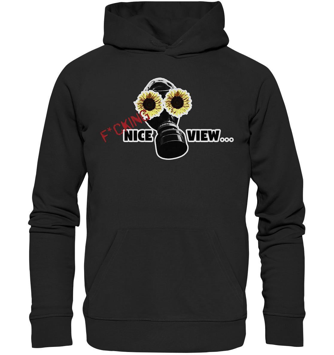 Vegan und Bio Hoodie: Sunflower Mask - Schwarzer Hoodie mit Gasmaske und Sonnenblumen, nachhaltig aus Bio-Baumwolle und recyceltem Polyester gefertigt.
