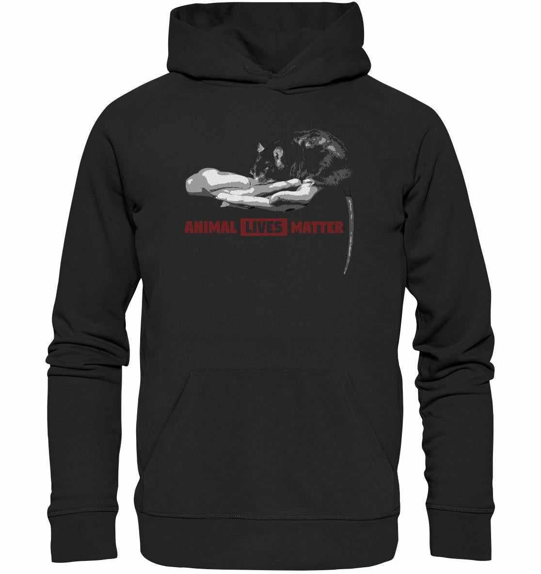 Vegan und Bio Hoodie: ANIMAL LIVES MATTER mit schwarzem Design, zeigt eine Maus und rote Schrift, aus umweltfreundlichen Materialien für Tierschutz und Gleichberechtigung.