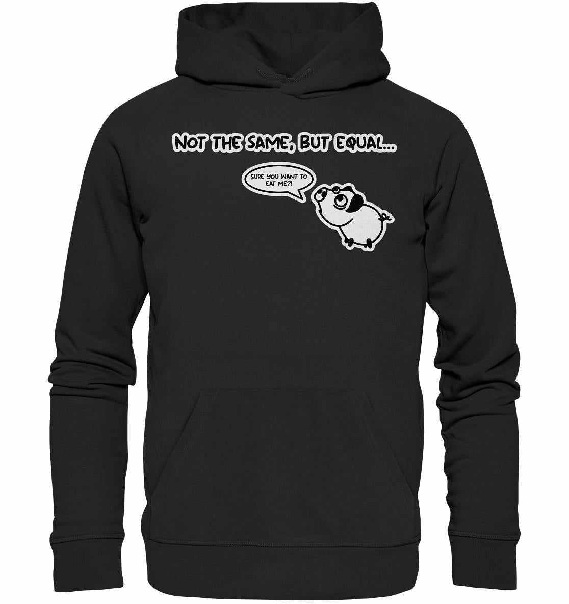 Vegan und Bio Hoodie mit Cartoon-Schwein und Statement für pflanzenbasierte Ernährung. Nachhaltig aus Bio-Baumwolle und recyceltem Polyester produziert.