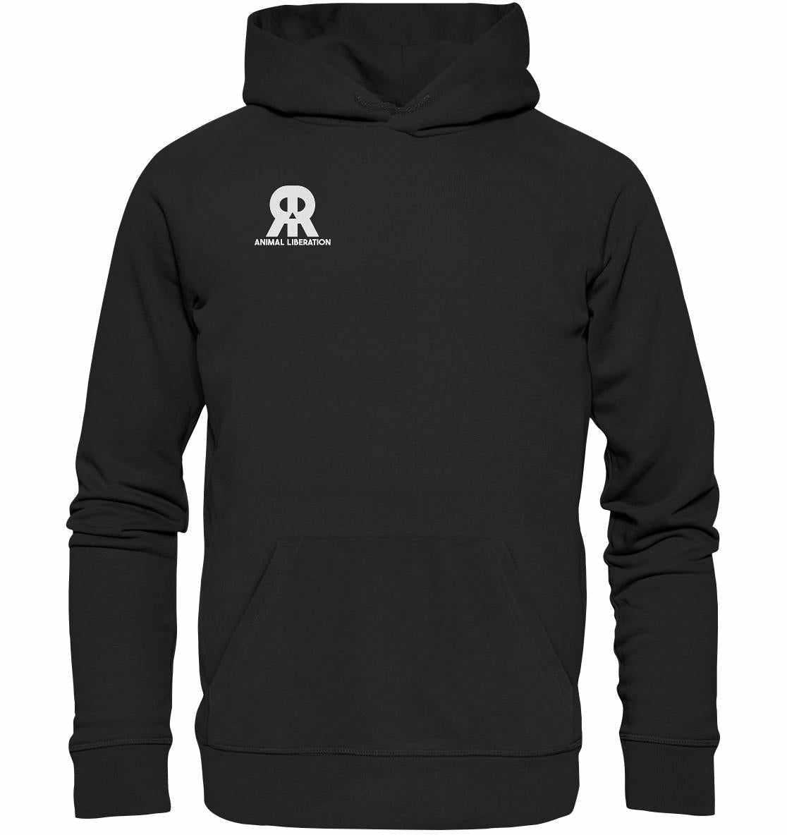 Vegan und Bio Hoodie: RUDE REBEL Skull - Animal Liberation, schwarzer Hoodie mit weißem Totenkopf-Logo, Kapuze, Kängurutasche, aus Bio-Baumwolle und Recyclingmaterialien.