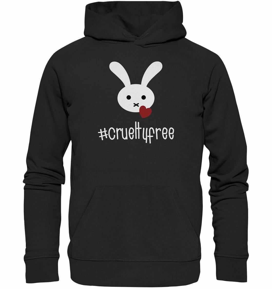 Vegan und Bio Hoodie: Crueltyfree Bunny BIG mit weißem Hasen und rotem Herz, aus Bio-Baumwolle, symbolisiert vegane Bewegung und Tierschutz.