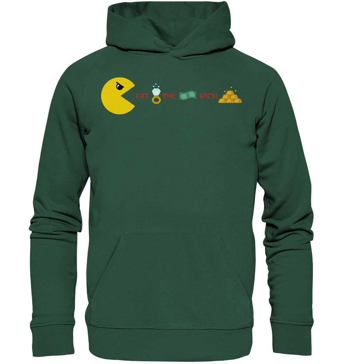 Vegan und Bio Hoodie: PAC-MAN - Eat the rich, grüner Hoodie mit Pacman-Design und goldenen Pyramiden, Bio-Baumwolle und recycelten Materialien, hergestellt von RUDE REBEL.