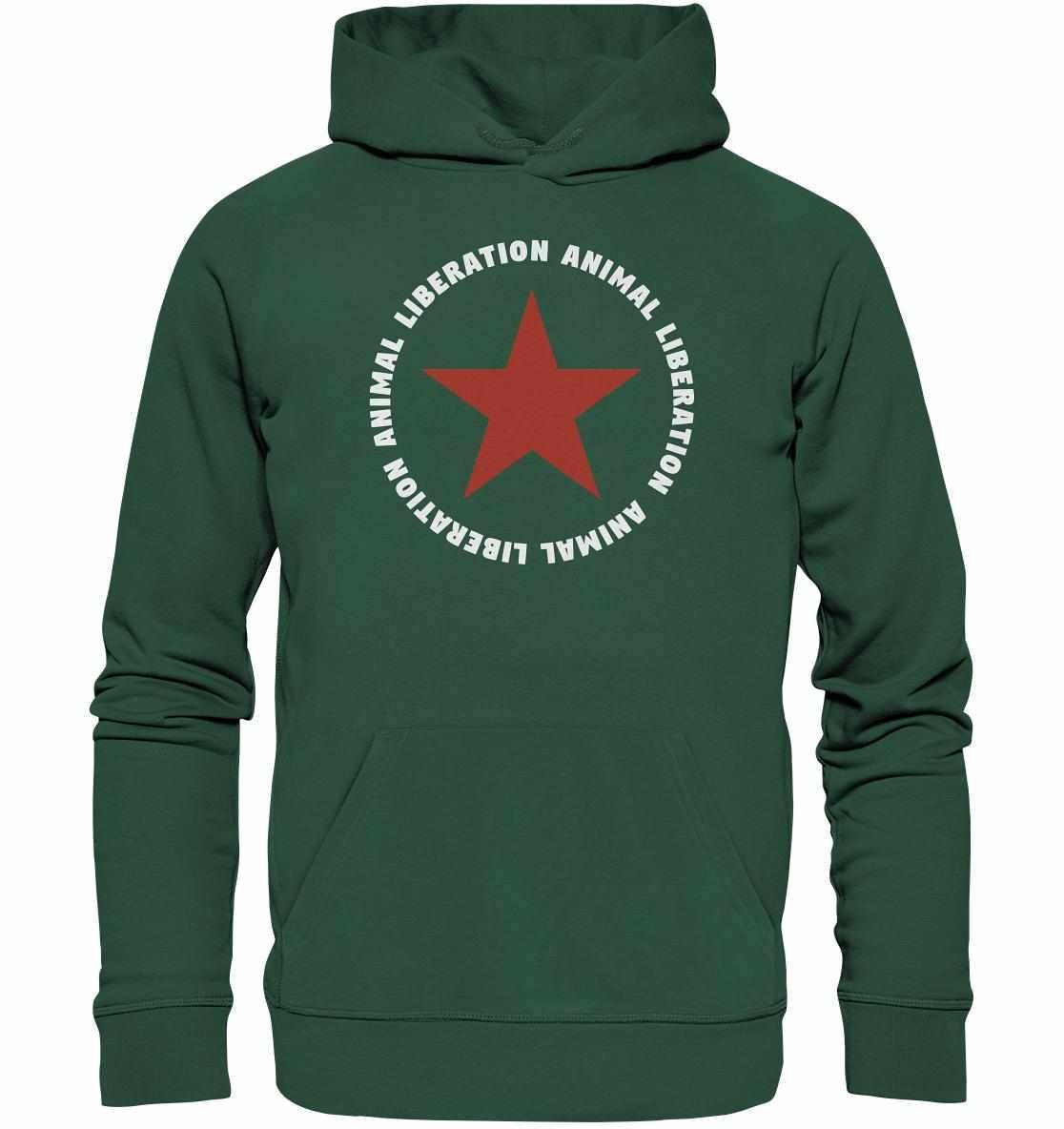 Vegan und Bio Hoodie: Red Star and Animal Liberation, grüner Hoodie mit rotem Stern, aus Bio-Baumwolle und Recyclingmaterialien, rebellisches Design.