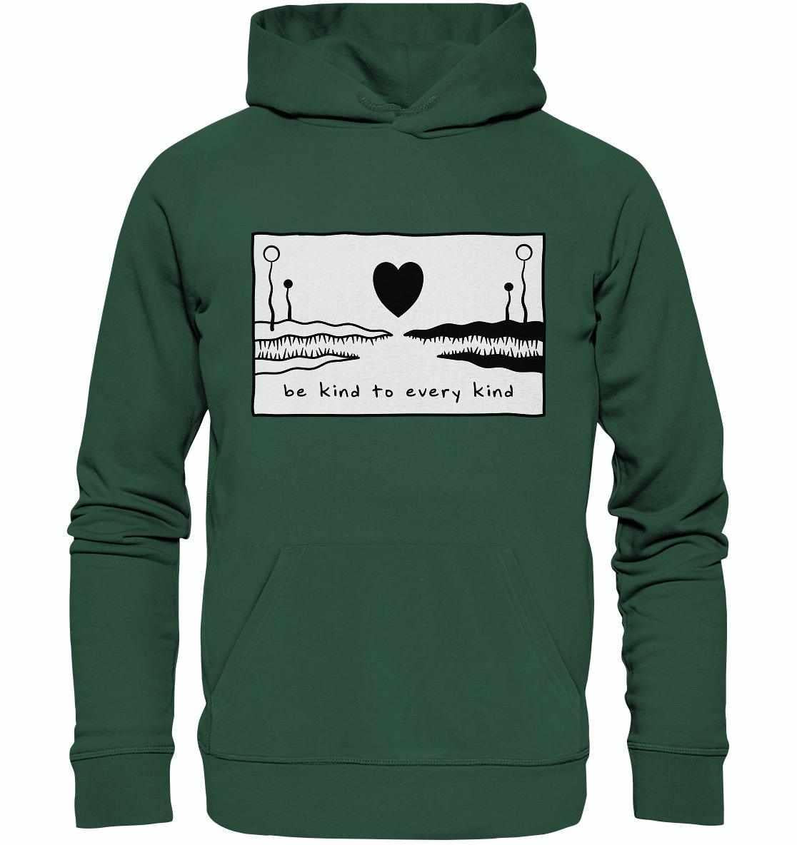 Vegan und Bio Hoodie: Be kind to every kind, grüner Hoodie mit schwarzem Herzdesign, Bio-Baumwolle, nachhaltige Produktion, Kängurutasche und Kapuze.