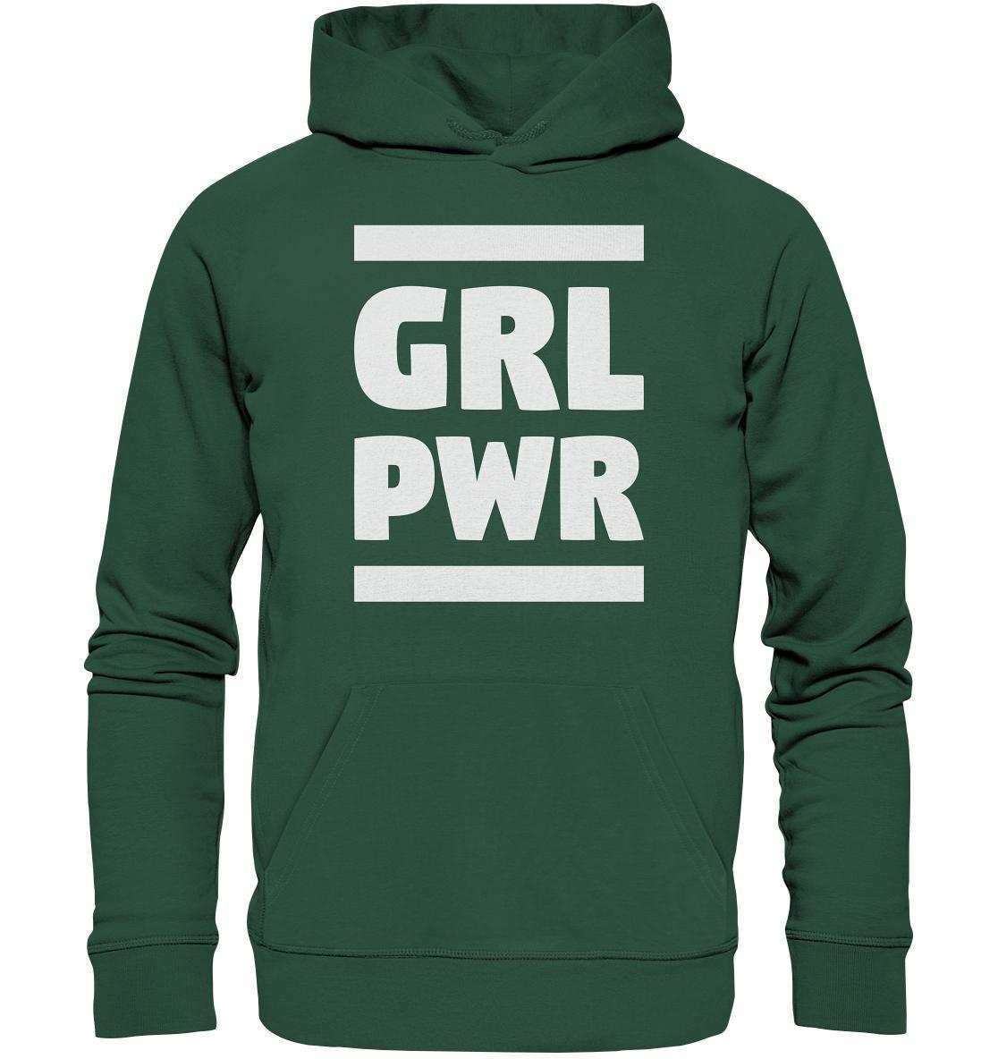 Veganer Bio-Hoodie: GIRL POWER - Grüner Hoodie mit feministischer Botschaft, Kängurutasche, Kapuze, Bio-Baumwolle und recyceltem Polyester.