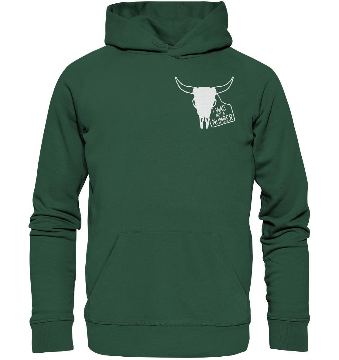 Vegan und Bio Hoodie mit weißem Stierschädel-Motiv, aus umweltfreundlichen Materialien, symbolisiert Tierrechte und Nachhaltigkeit.