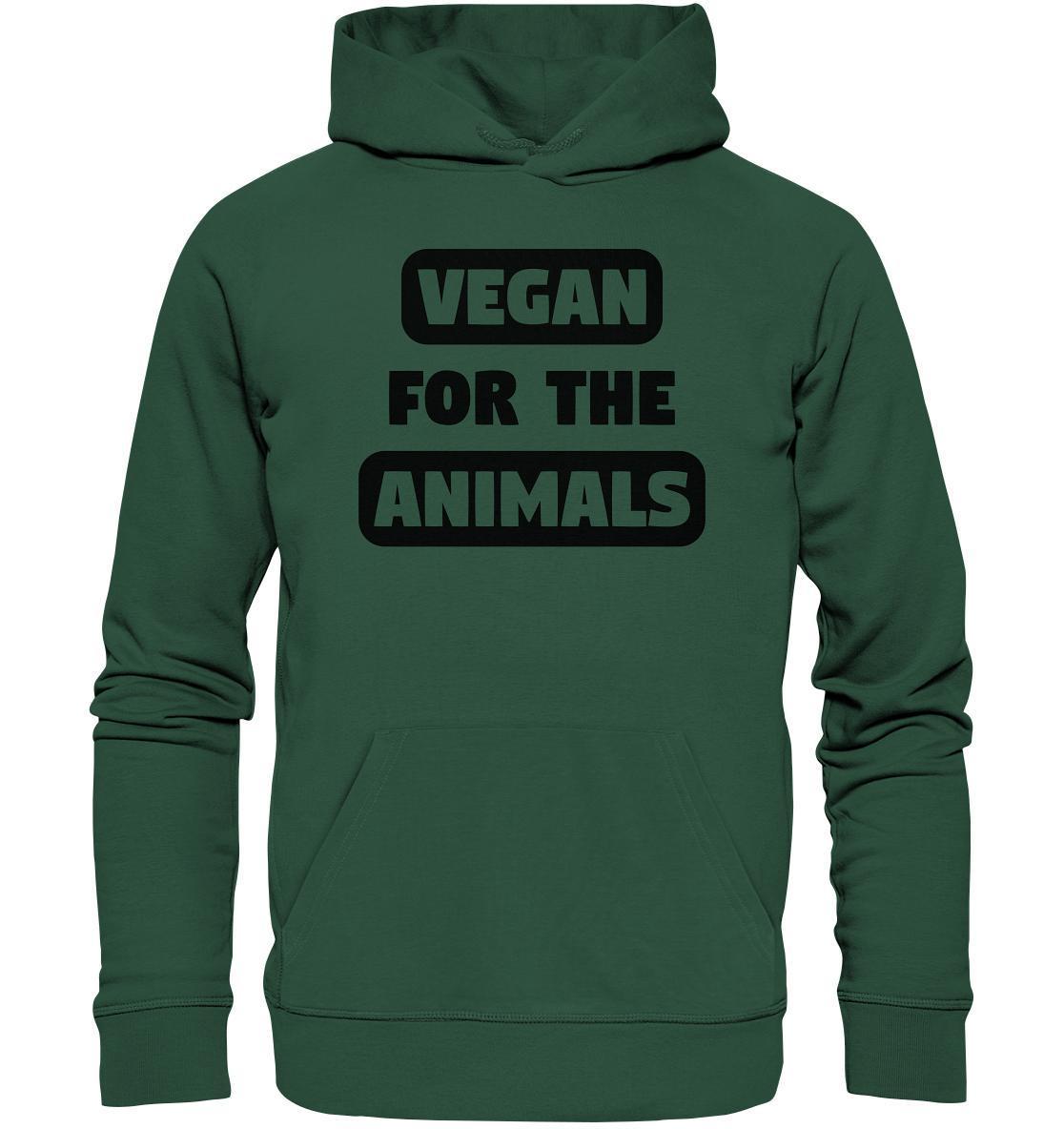 Vegan und Bio Hoodie: VEGAN FOR THE ANIMALS, grüner Hoodie mit schwarzem Text, nachhaltiger Mix aus Bio-Baumwolle und recyceltem Polyester, Kängurutasche, flache Zugkordeln.