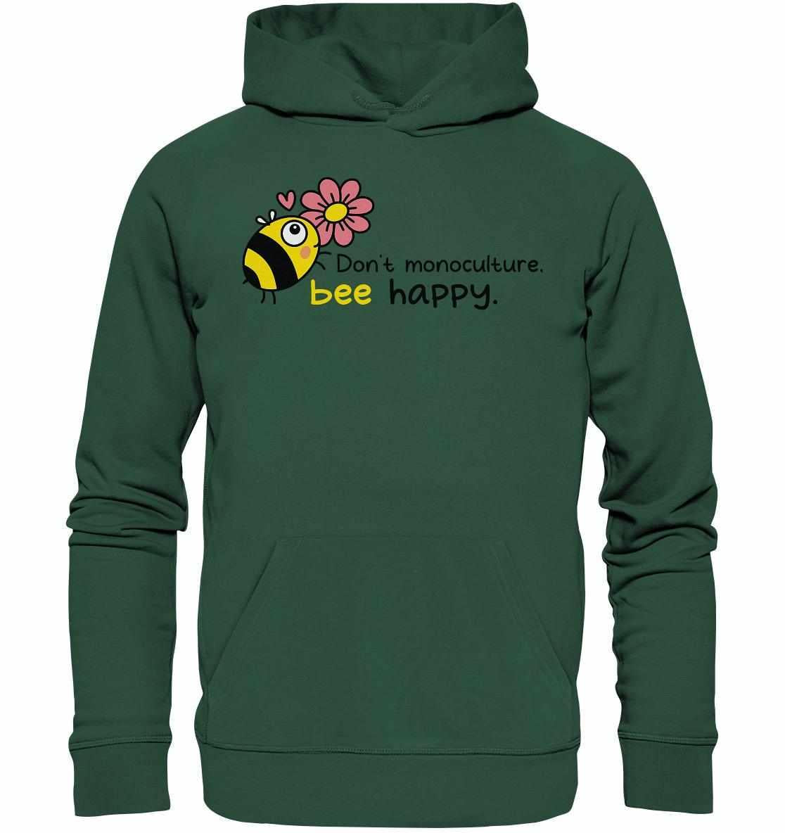 Vegan und Bio Hoodie: Save the bees, grüner Hoodie mit cartoonartiger Biene und Blume, aus Bio-Baumwolle und Recyclingmaterialien, nachhaltiger Insektenschutz.