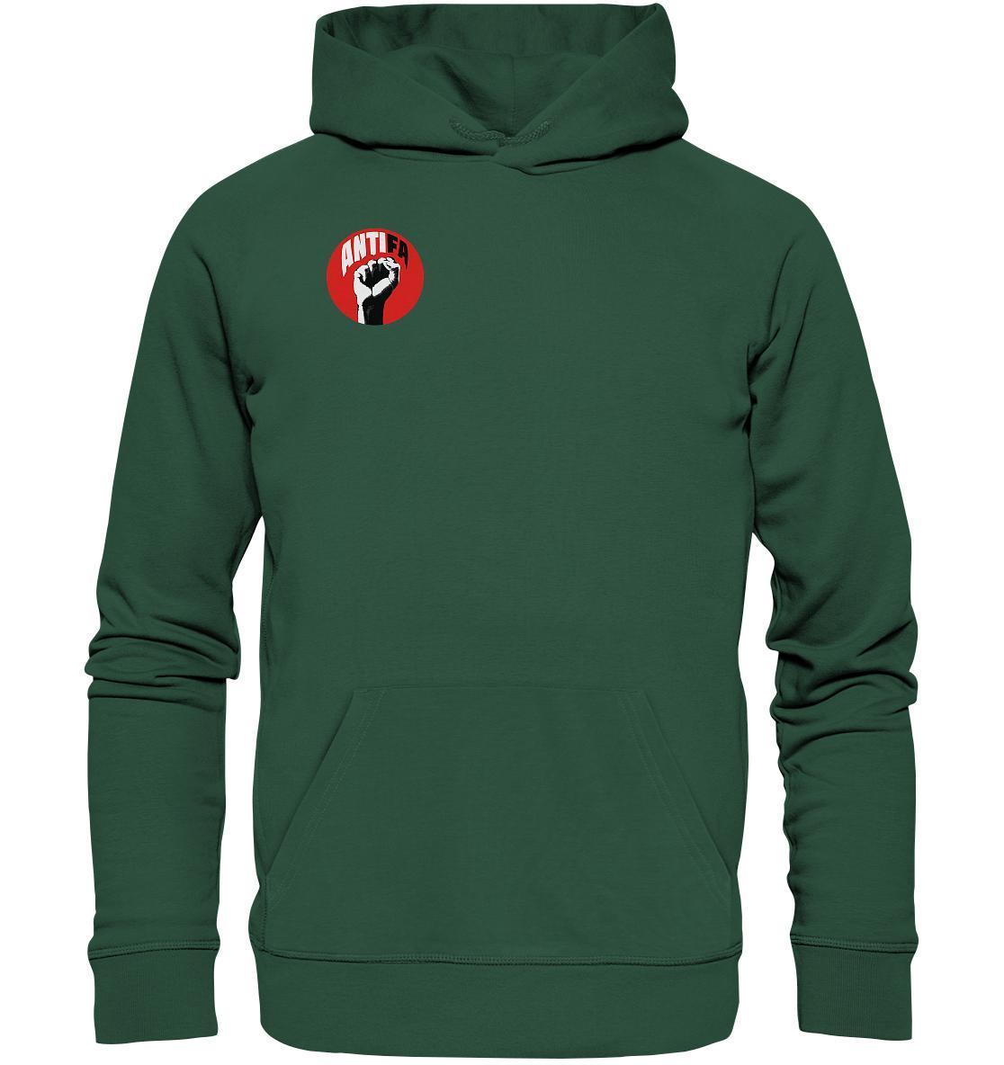 Vegan und Bio Hoodie: Antifa - Gemeinsam gegen Rechts, grünes Sweatshirt mit rotem Logo, Kängurutasche und Kapuze, aus Bio-Baumwolle und recyceltem Polyester.