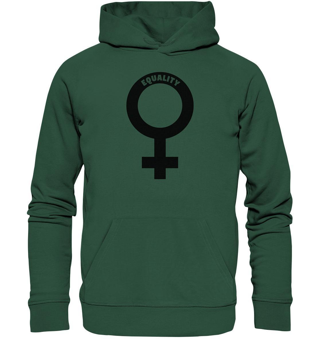 Vegan und Bio Hoodie mit schwarzem Symbol, feministische Botschaft, Kängurutasche; hergestellt aus Bio-Baumwolle und recyceltem Polyester, normale Passform.