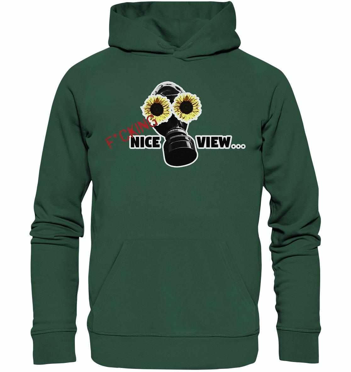 Vegan und Bio Hoodie: Sunflower Mask - F*cking nice view... mit Gasmaske und Sonnenblumen-Motiv, gefertigt aus umweltfreundlichen Materialien, inspiriert von nachhaltigem Lebensstil.