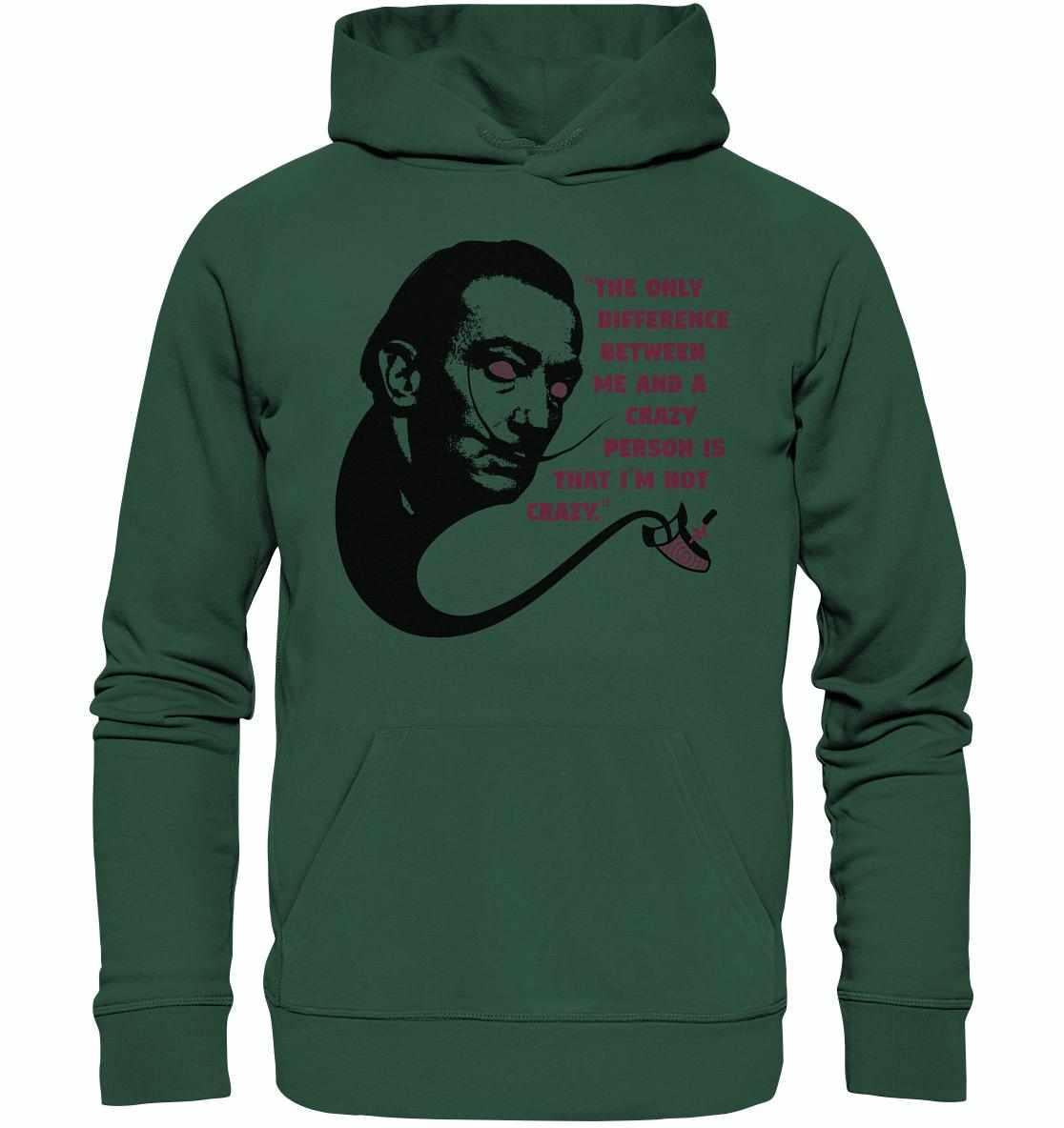 Vegan und Bio Hoodie: Crazy Dali mit surrealem Gesichtsmotiv, gefertigt aus Bio-Baumwolle und recyceltem Polyester, normale Passform, Kängurutasche.