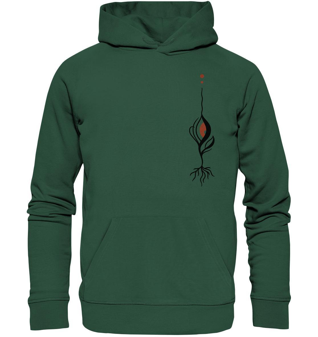 Veganer, biologischer und recycelter Hoodie mit minimalistischem blutrotem Auge-Design, symbolisiert Umweltbewusstsein, hergestellt aus nachhaltigen Materialien.