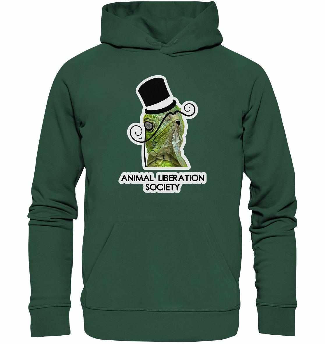 Vegan und Bio Hoodie: Sir Reptile - Animal Liberation Society, zeigt einen eleganten Lizard mit Zylinder, inspiriert von Tierrechten, aus umweltfreundlichen Materialien hergestellt.