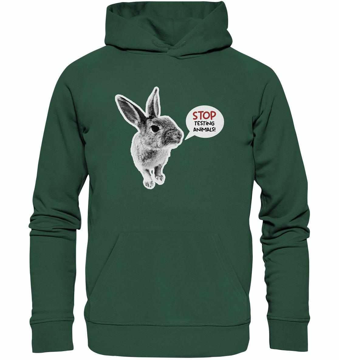 Veganer Bio-Hoodie mit Häschen-Motiv und Botschaft Stop Testing Animals, gefertigt aus nachhaltigen Materialien, Kapuze, Kängurutasche, von RUDE REBEL.