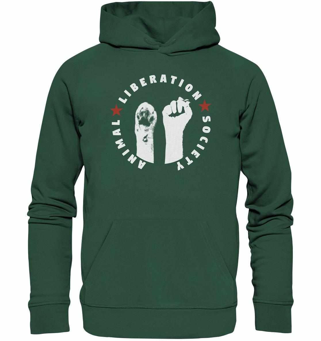 Vegan und Bio Hoodie mit Faust- und Pfotenmotiv, symbolisiert Tierrechte. Nachhaltig aus Bio-Baumwolle und Recyclingmaterialien, Kapuze, Kängurutasche, normaler Schnitt.