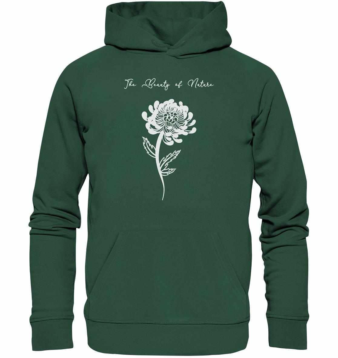 Vegan und Bio Hoodie: Chrysantheme - Grüner Hoodie mit weißer Blume, aus umweltfreundlichen Materialien, Kapuze und Kängurutasche, von RUDE REBEL.