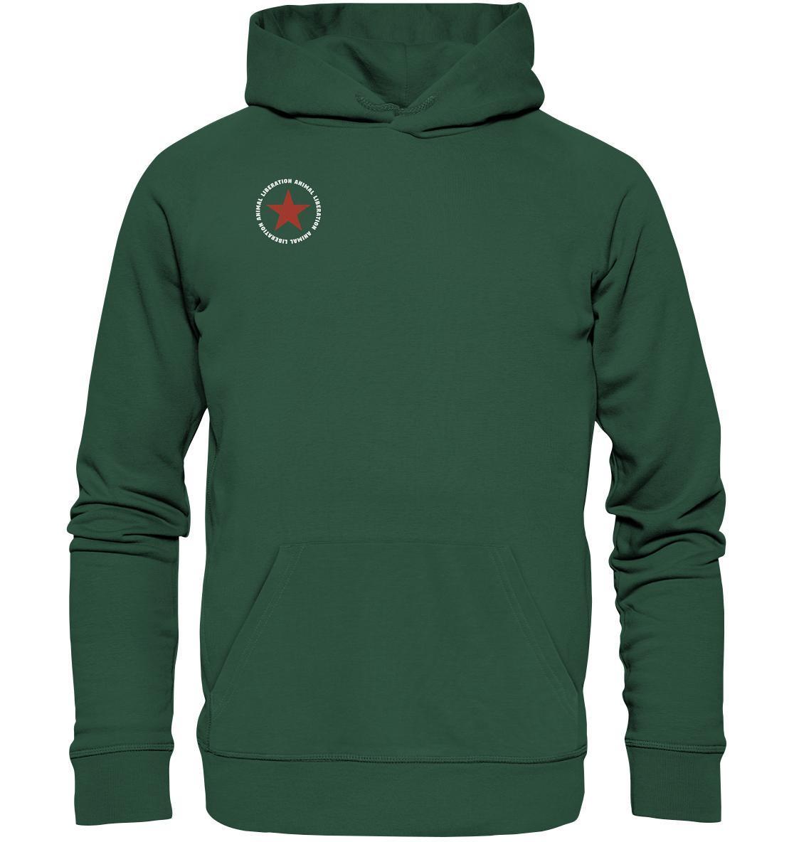 Vegan und Bio Hoodie: Red Star - Animal Liberation, grüner Kapuzenpullover mit rotem Stern-Design, hergestellt aus Bio-Baumwolle und recyceltem Polyester, mit Kängurutasche.