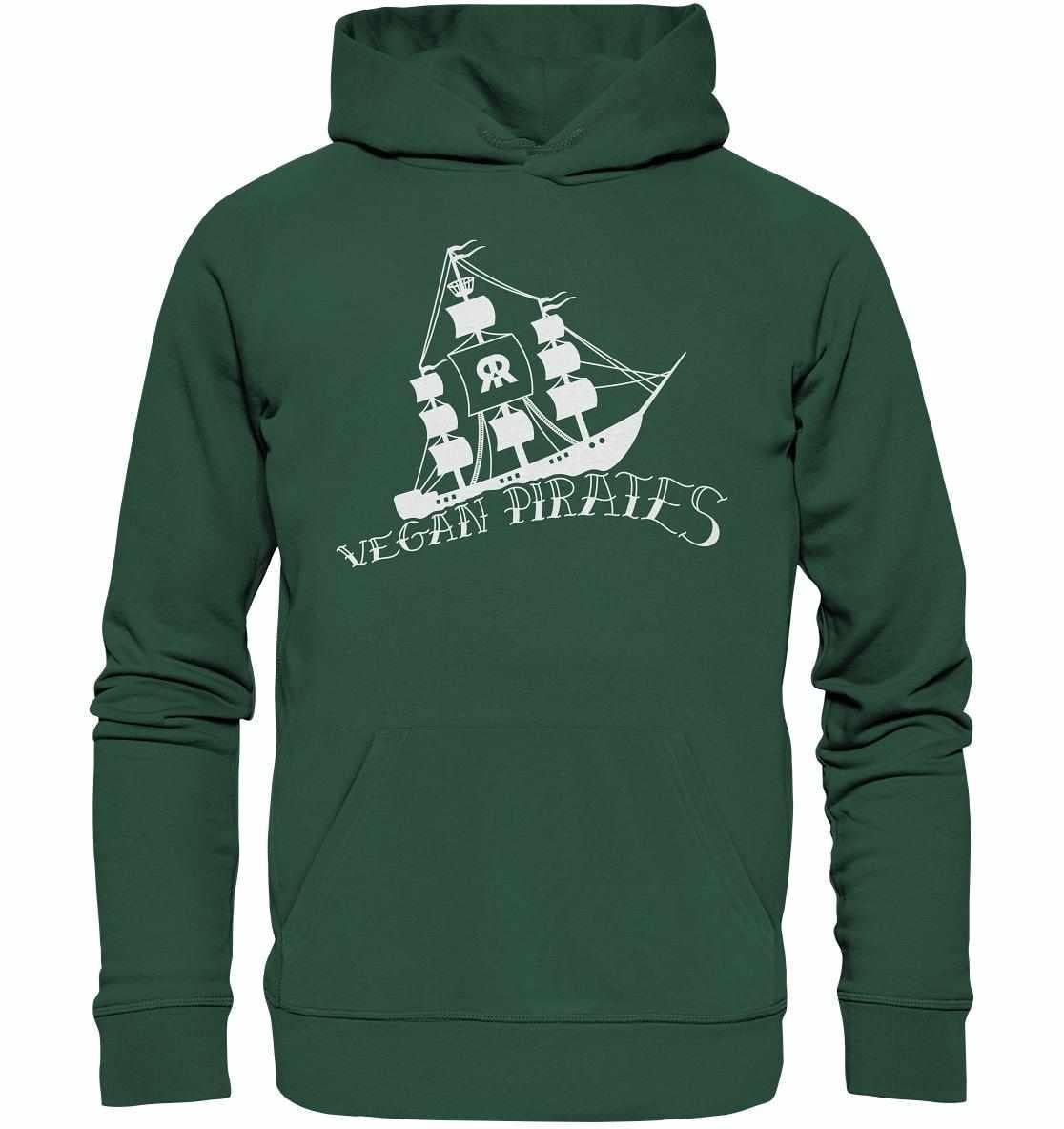 Vegan und Bio Hoodie: Vegan Pirates mit Piratenschiff-Motiv, aus Bio-Baumwolle und recyceltem Polyester, rebellisches Design von RUDE REBEL.