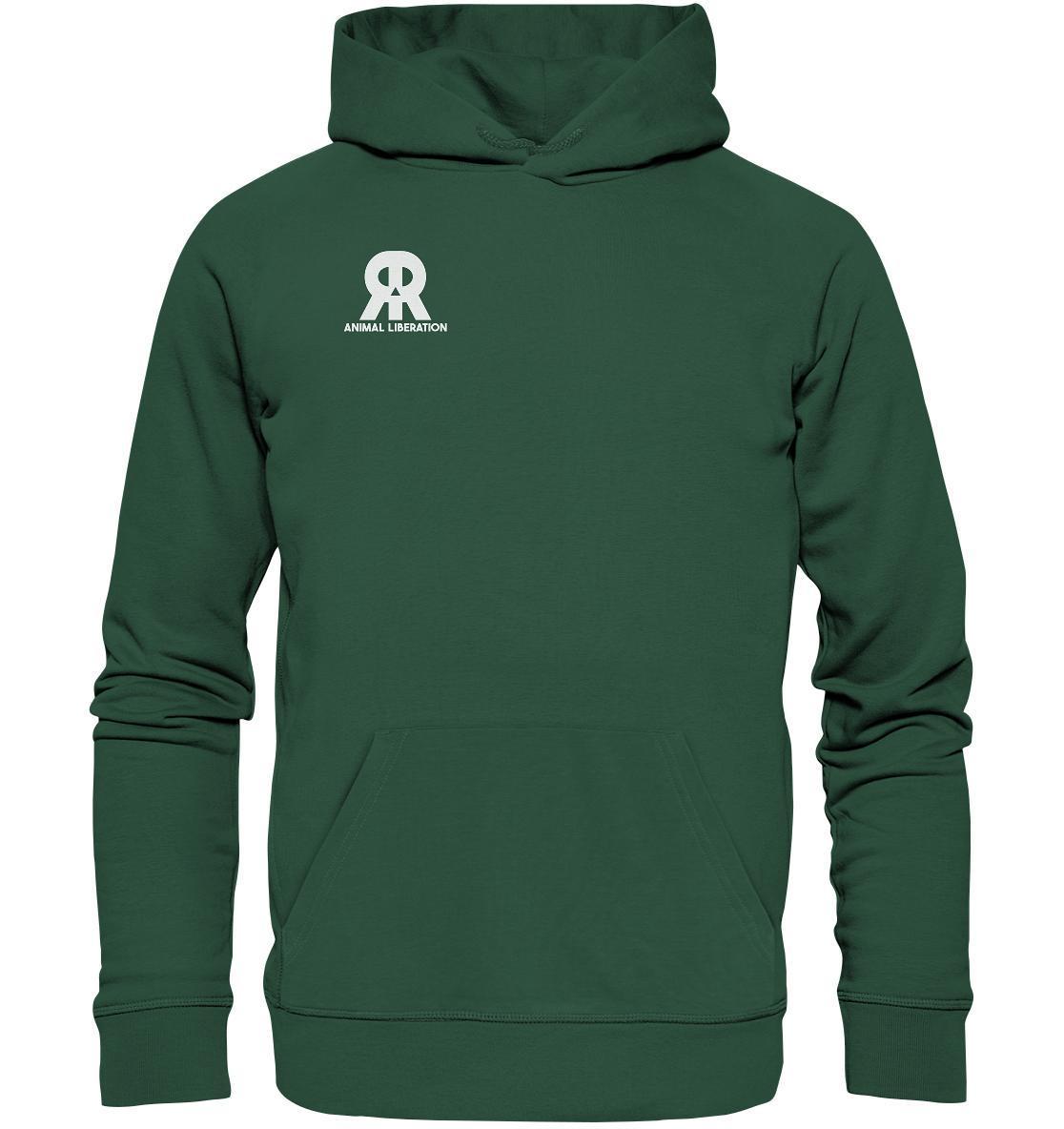 Vegan und Bio Hoodie: RUDE REBEL Skull - Animal Liberation mit weißem Logo, Kängurutasche und Kapuze aus Bio-Baumwolle und recyceltem Polyester, unterstützt Tierrechte.