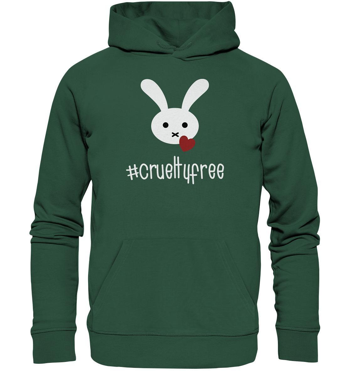 Vegan und Bio Hoodie: Crueltyfree Bunny BIG, grüner Hoodie mit weißem Hasenmotiv und rotem Herz, nachhaltig aus Bio-Baumwolle und recyceltem Polyester hergestellt.