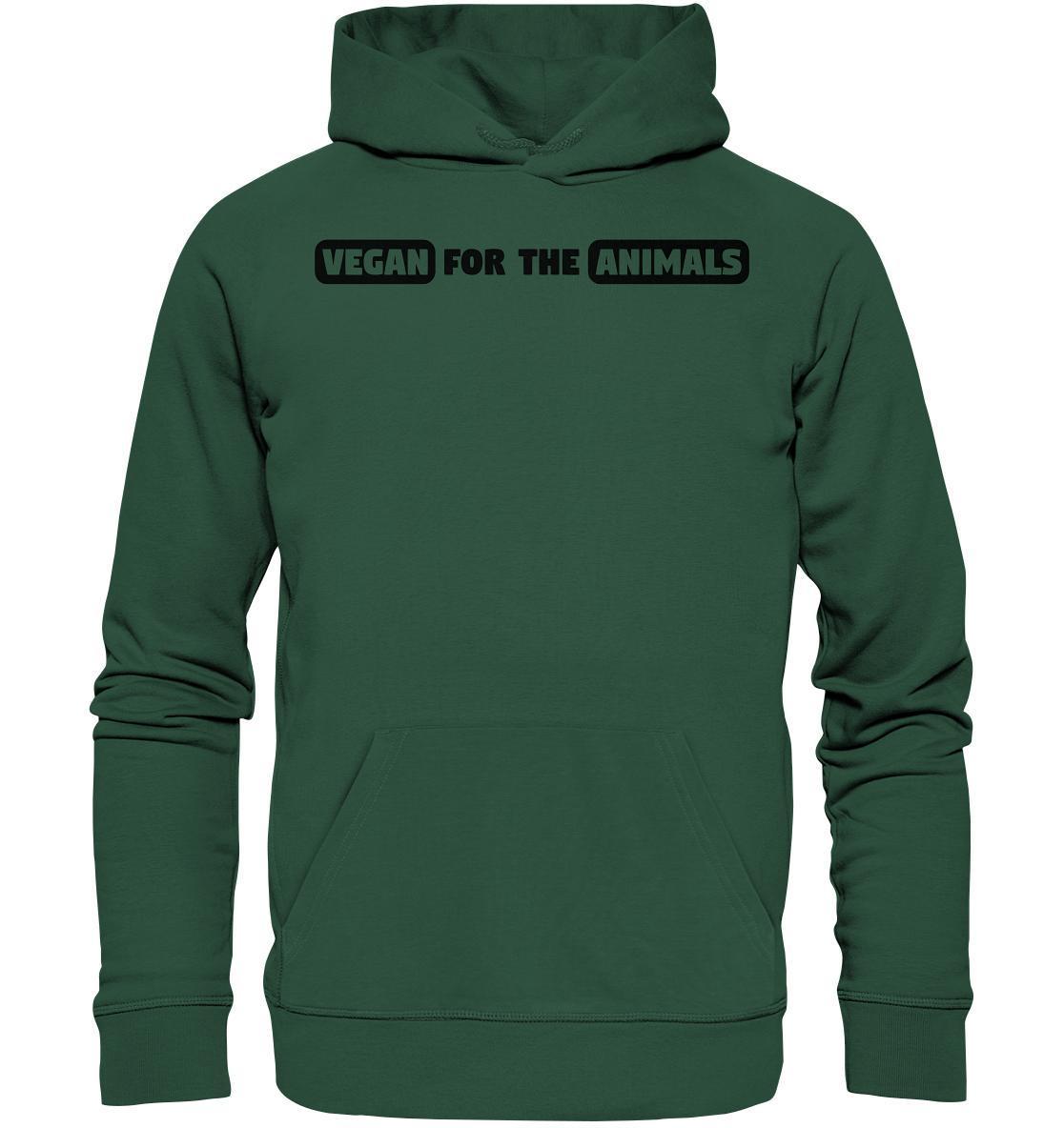 Vegan und Bio Hoodie: VEGAN FOR THE ANIMALS Edition 2, grüner Hoodie mit schwarzem Text, Kängurutasche und Kapuze aus Bio-Baumwolle und recyceltem Polyester.