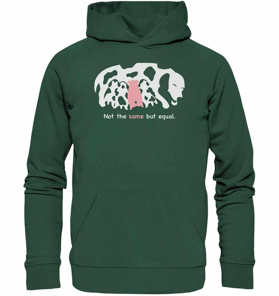Vegan und Bio Hoodie: Animal equality mit Kängurutasche und Flatlock-Steppnähten, grünes Design mit weiß-pinkem Motiv, zeigt Tierrechte-Thema.