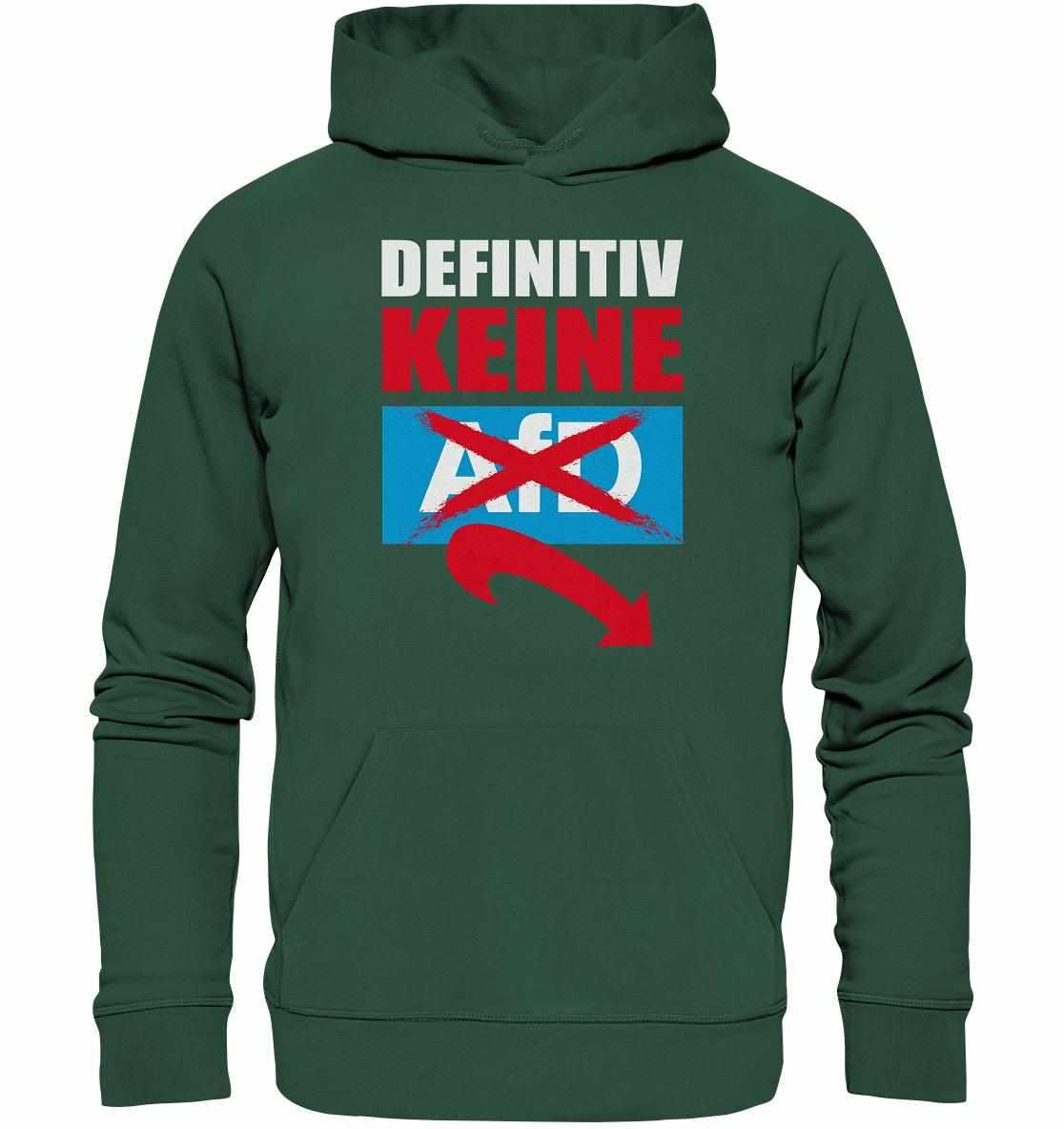 Vegan und Bio Hoodie mit Statement gegen Rechts, mit Kängurutasche und roten, weißen Schriftzügen auf grünem Hintergrund aus Bio-Baumwolle und Recyclingmaterialien.
