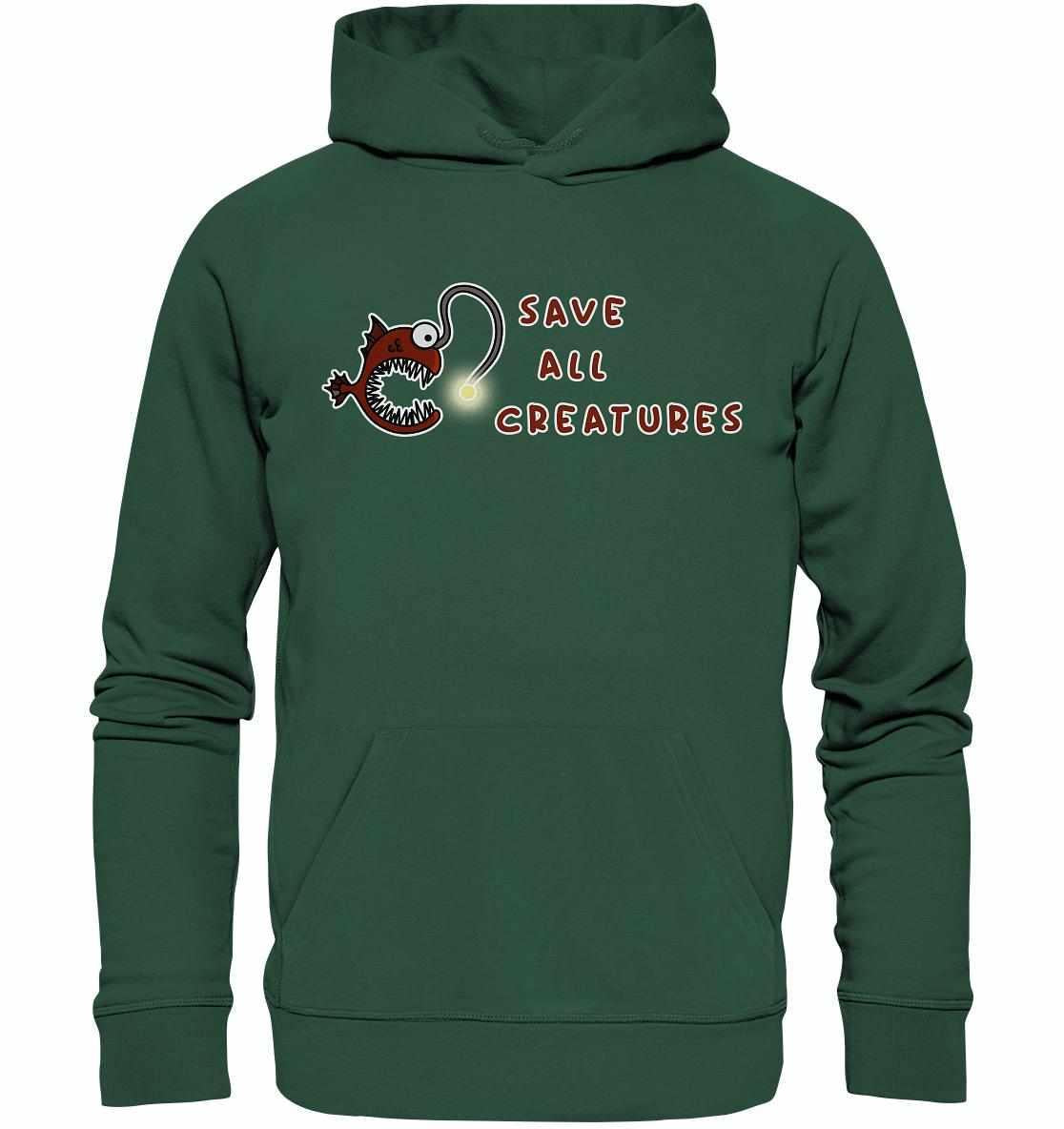 Vegan und Bio Hoodie mit Cartoon-Anglerfisch, symbolisiert Schutz aller Kreaturen. Nachhaltig aus Bio-Baumwolle und Recyclingmaterialien, mit Kapuze und Kängurutasche.