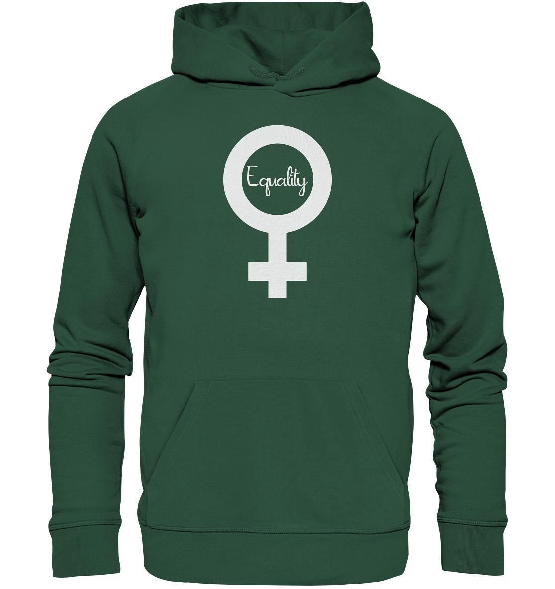 Vegan und Bio Hoodie: Feminismus - Der Kampf um Gleichberechtigung, grüner Hoodie mit weißem Symbol, Bio-Baumwolle und recyceltem Polyester, Kängurutasche und Flachkordeln.
