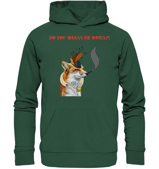 Vegan und Bio Hoodie: Mrs. Fox demonstriert gegen Pelz! zeigt einen Fuchs mit Hut, ideal für Tierrechtsaktivisten, aus nachhaltiger Bio-Baumwolle.