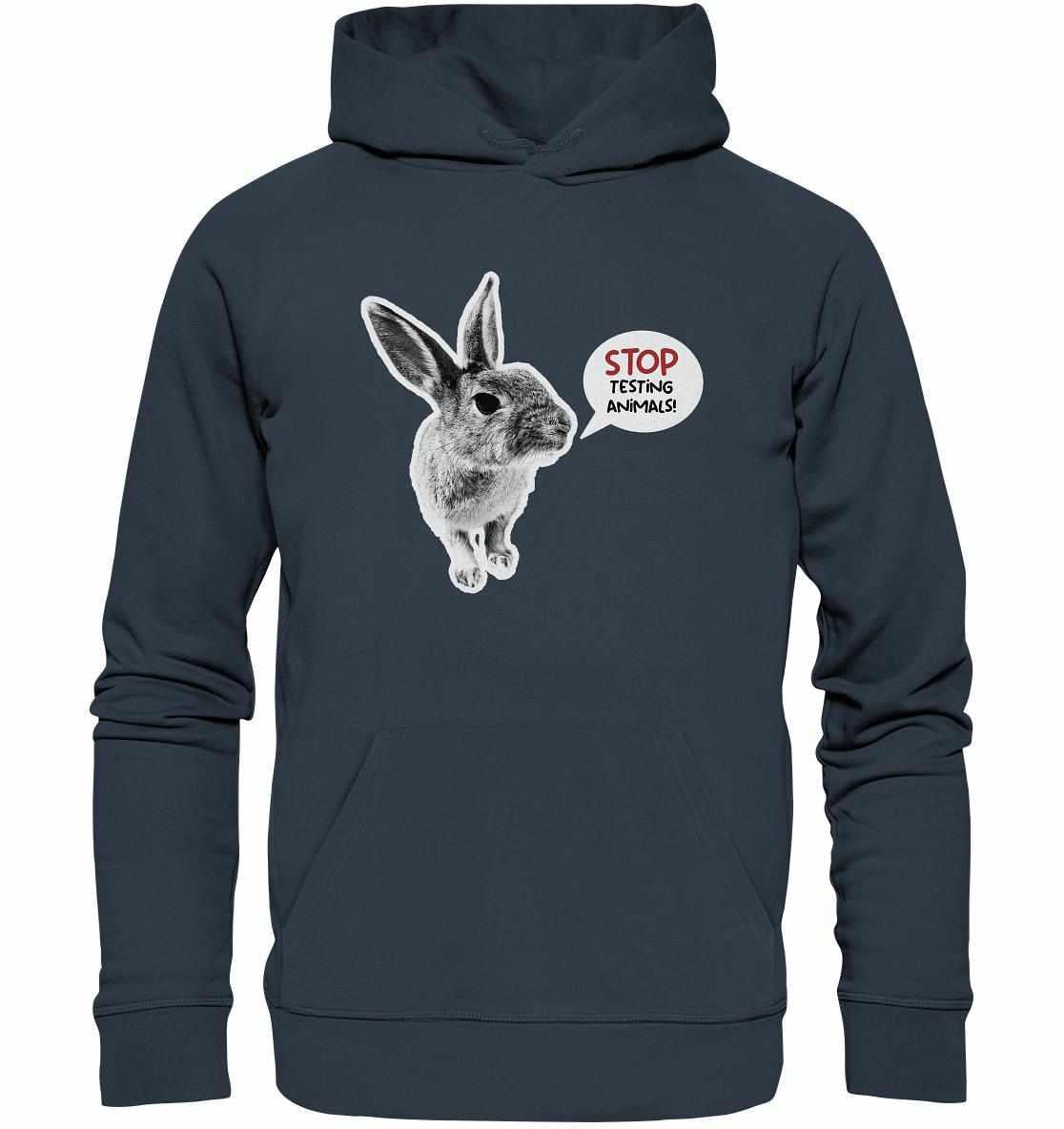 Vegan und Bio Hoodie mit Häschenmotiv und Stop Testing Animals!-Slogan, nachhaltig aus Bio-Baumwolle und recyceltem Polyester gefertigt, mit Kängurutasche und Kapuze.