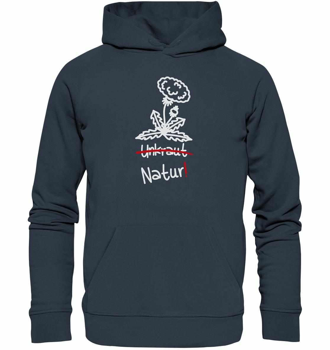 Vegan und Bio Hoodie: Löwenzahn - Naturschutz, mit Löwenzahnmotiv und Text, aus Bio-Baumwolle, symbolisiert Umweltschutz und die Bedeutung von Pflanzenvielfalt.