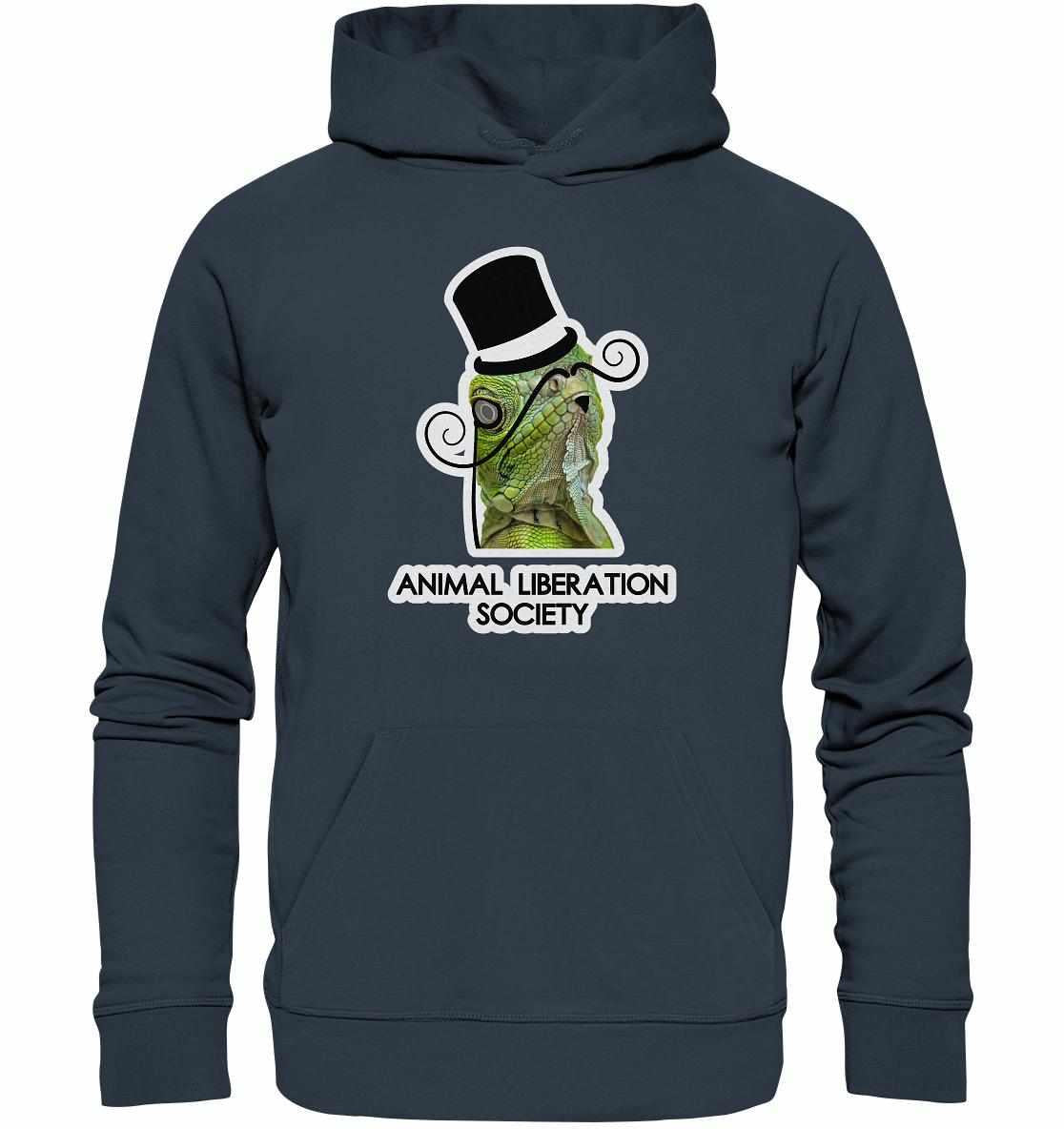 Vegan und Bio Hoodie: Sir Reptile - Animal Liberation Society mit Lizard-Design, Top-Hat und Schnurrbart, repräsentiert nachhaltige Mode und Tierrechte.