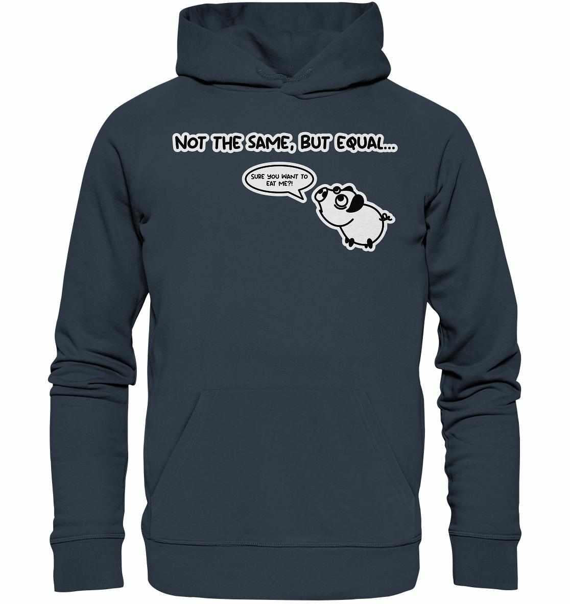 Vegan und Bio Hoodie mit Cartoon-Schwein und Sprechblase, thematisiert Tierrechte und Ernährung. Hergestellt aus Bio-Baumwolle und recycelten Materialien.