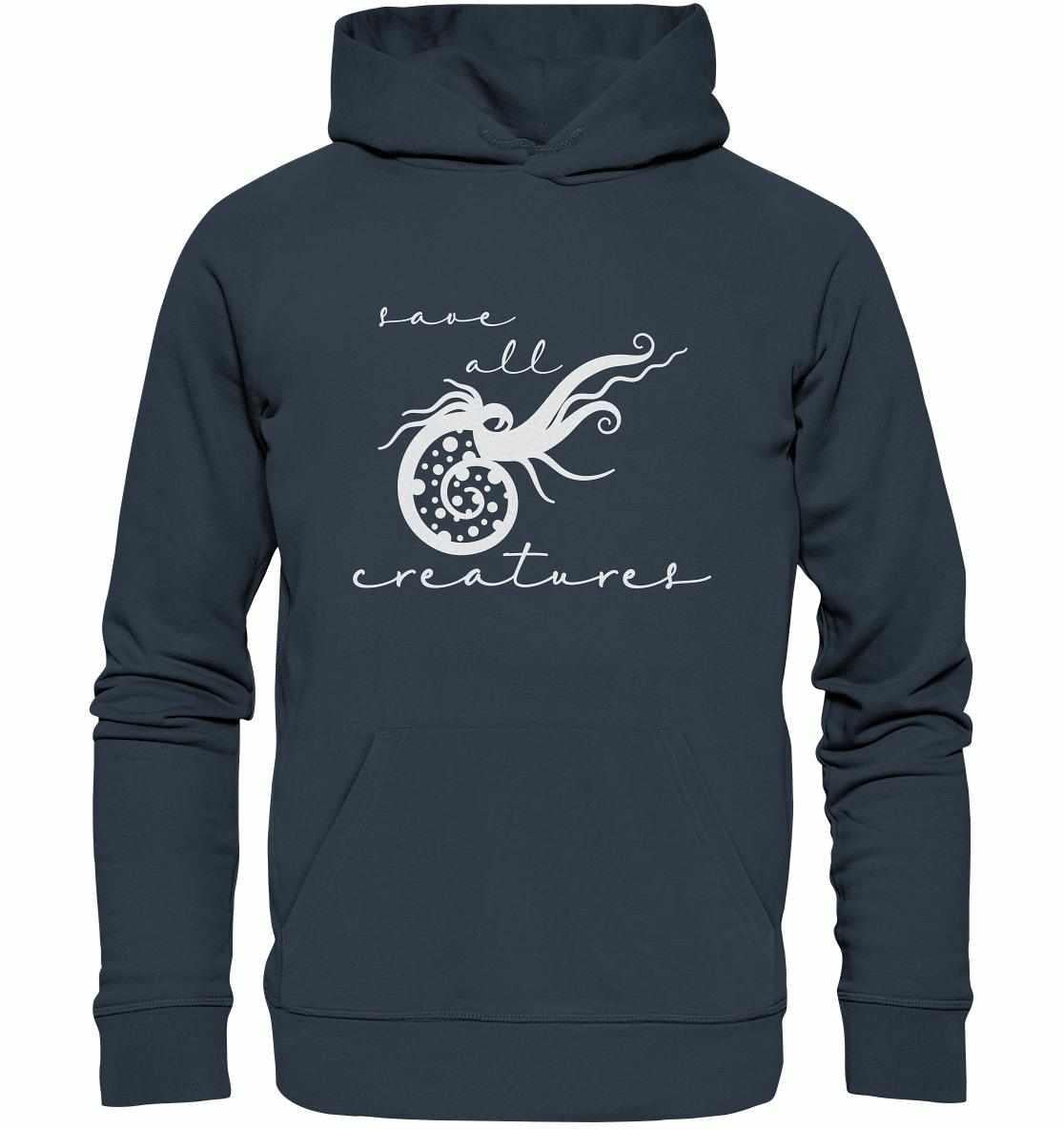 Vegan und Bio Hoodie: Save All Creatures mit weißem Oktopus-Design, aus umweltfreundlicher Bio-Baumwolle, symbolisiert Schutz für alle Lebewesen.