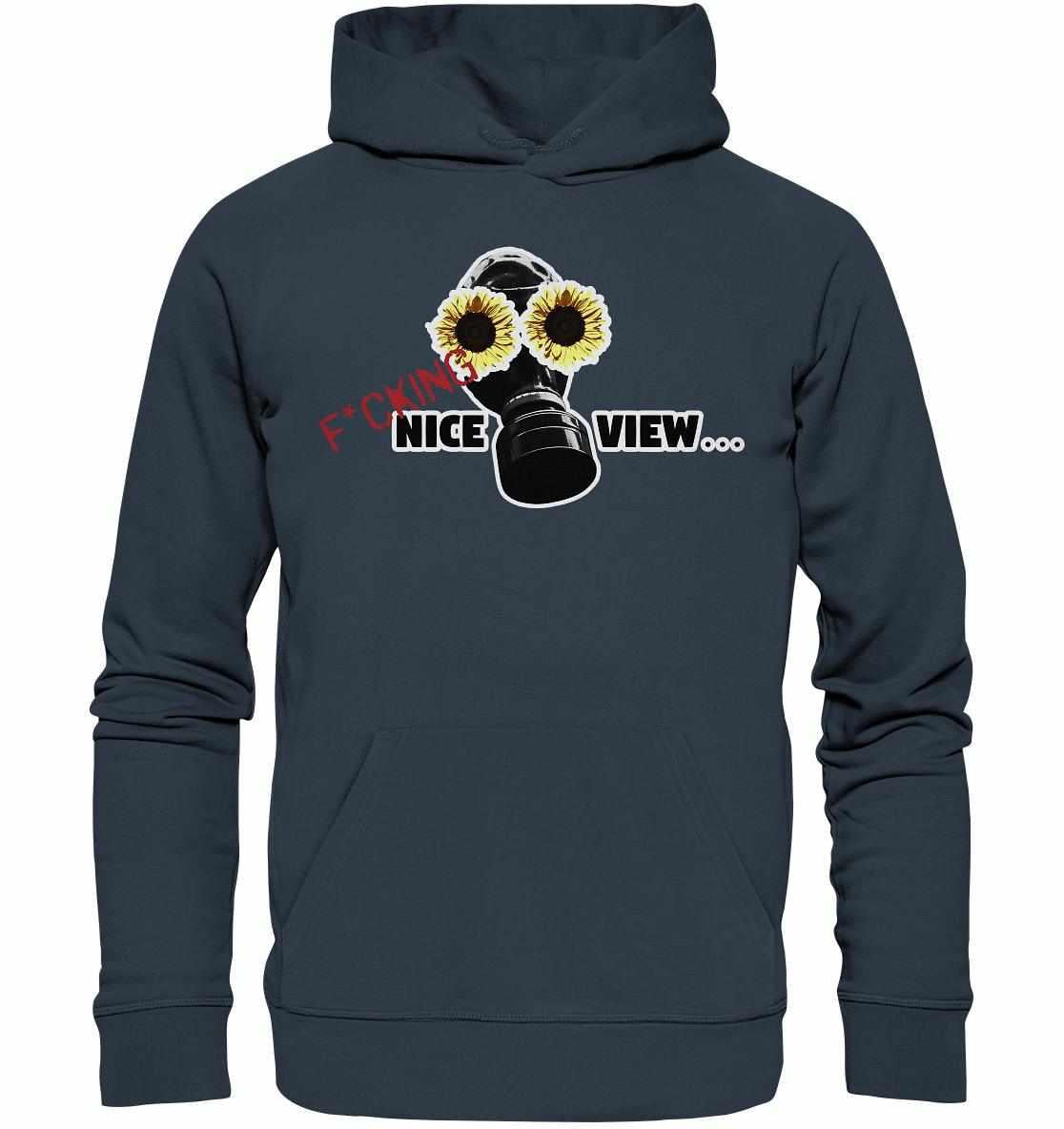 Vegan und Bio Hoodie: Sunflower Mask - F*cking nice view... zeigt Gasmaske mit Sonnenblumen, nachhaltig aus Bio-Baumwolle und recyceltem Polyester, inspiriert von dystopischer Zukunft.