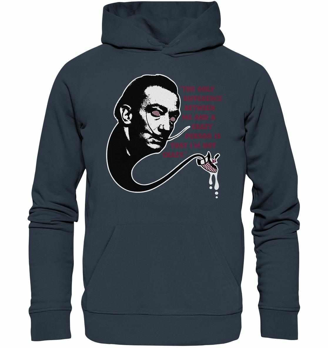 Vegan und Bio Hoodie: Crazy Dali mit surrealem Druck eines Mannes mit Schnurrbart und Spiralenaugen, aus umweltfreundlichen Materialien gefertigt.