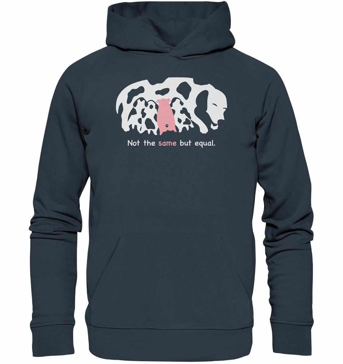 Vegan und Bio Hoodie: Animal equality, zeigt Hund mit Ferkel, symbolisiert Tierrechte. Hergestellt aus Bio-Baumwolle und Recyclingmaterialien, nachhaltiges Design von RUDE REBEL.
