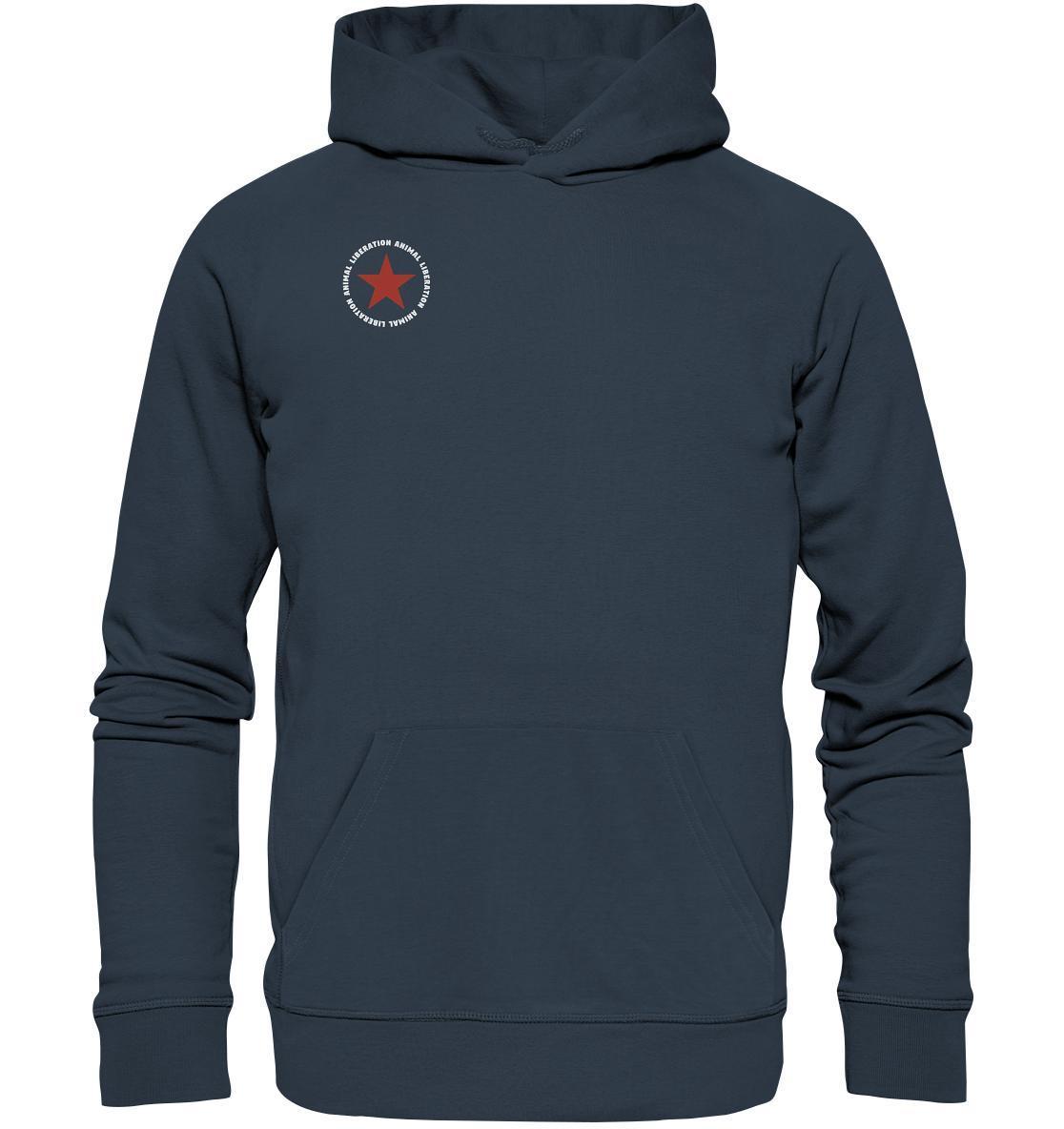 Vegan und Bio Hoodie: Red Star - Animal Liberation mit rotem Stern-Design, getragen von einer Person. Nachhaltig produziert aus Bio-Baumwolle und recyceltem Polyester.