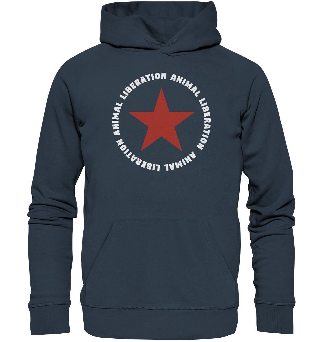 Vegan und Bio Hoodie: Red Star and Animal Liberation, blauer Hoodie mit rotem Stern, nachhaltig aus Bio-Baumwolle und recyceltem Polyester, rebellisches Design von RUDE REBEL.