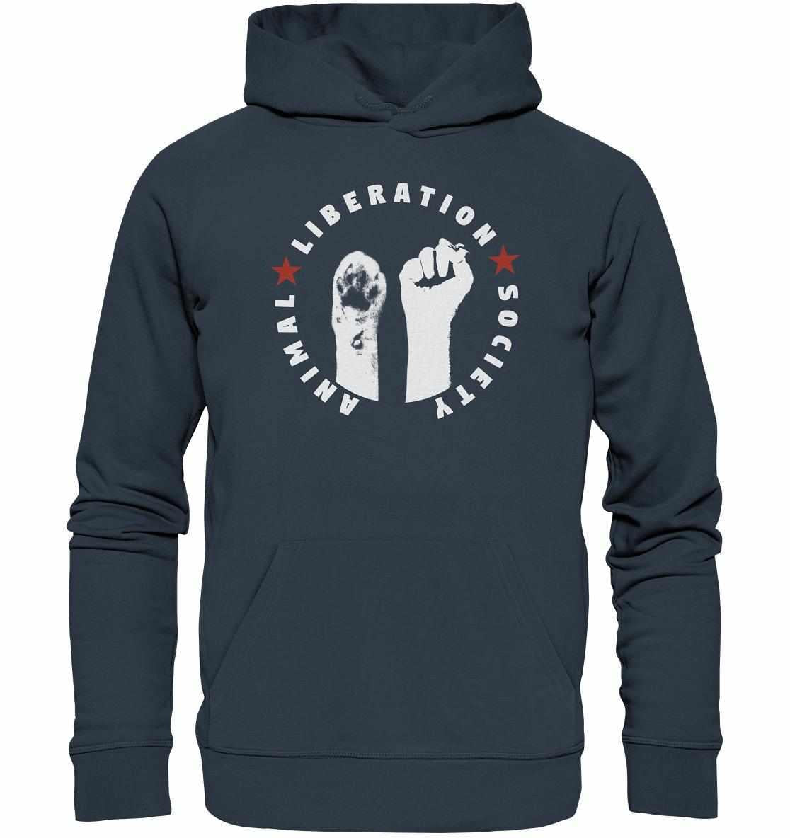 Vegan und Bio Hoodie mit Pfote-und-Faust-Logo, symbolisiert Tierrechtsaktivismus, gefertigt aus nachhaltigen Materialien. Perfekt für umweltbewusste Rebellen.