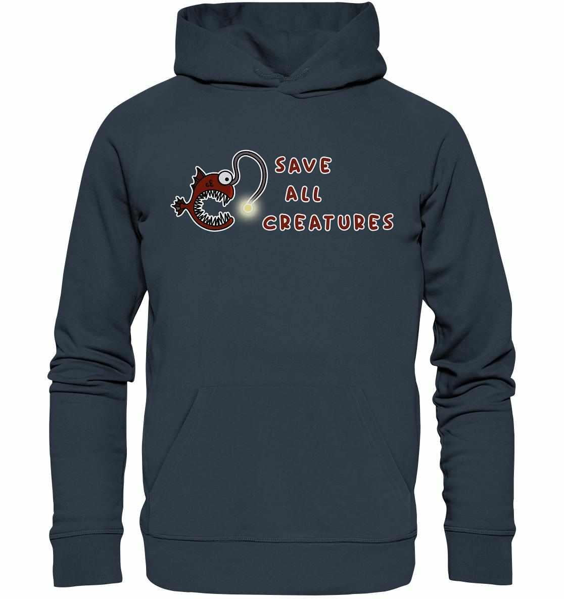Vegan und Bio Hoodie: Weird Frogfish mit Cartoon-Anglerfisch und Botschaft, nachhaltig aus Bio-Baumwolle und recyceltem Material, symbolisiert Schutz aller Lebewesen.