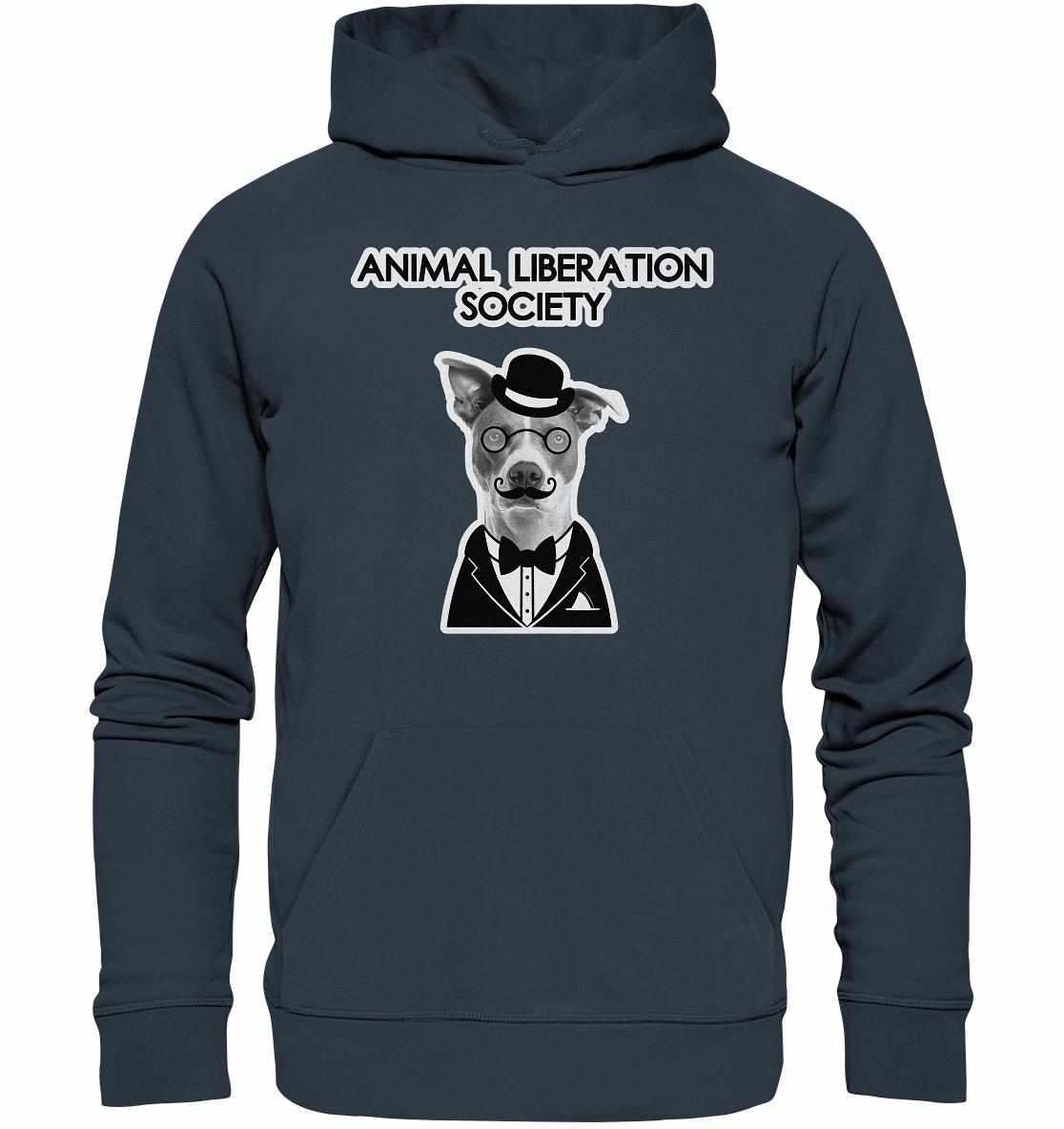 Vegan und Bio Hoodie: Mr. Dog - Animal Liberation Society, zeigt einen Hund mit Brille und Schnurrbart, aus Bio-Baumwolle und recyceltem Polyester, symbolisiert Tierrechte.