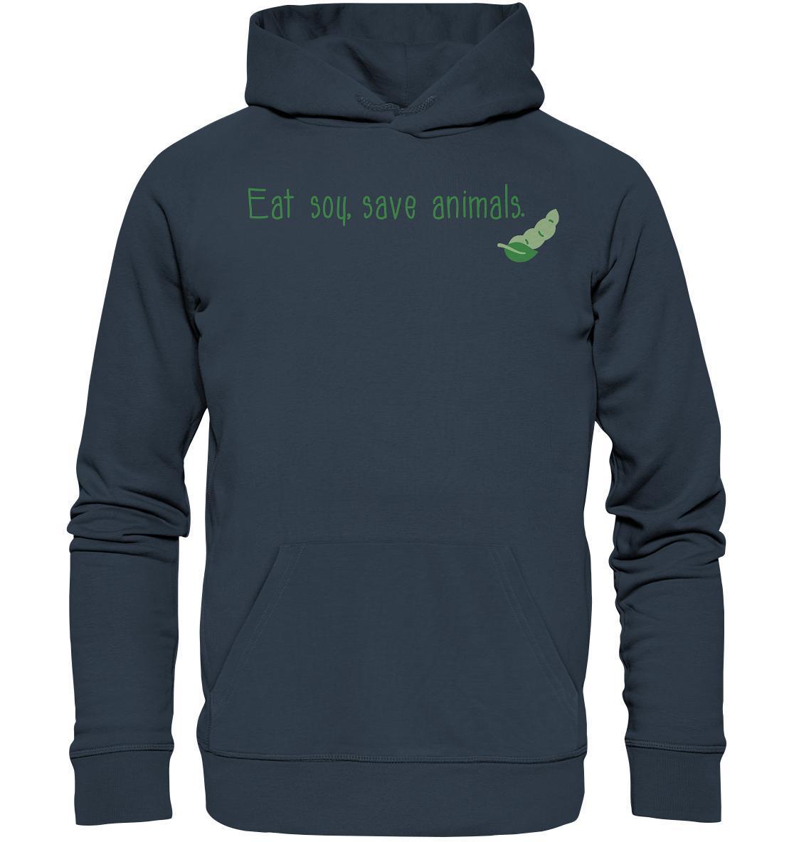 Vegan und Bio Hoodie mit dem Slogan Veganism - Eat soy, save animals., getragen von einer Person, zeigt ein Gemüse-Logo und betont vegane, tierfreundliche Ernährung.