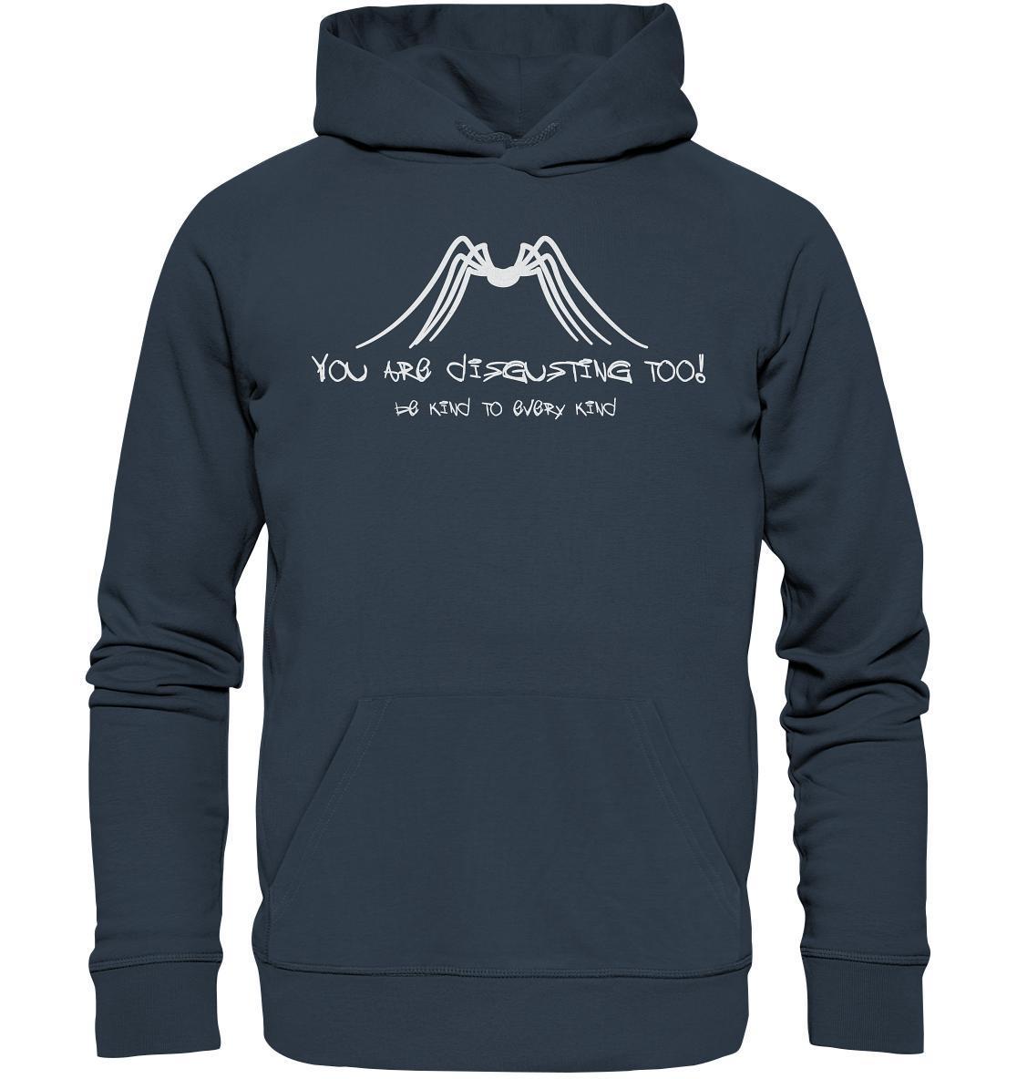 Vegan und Bio Hoodie mit weißem Schriftzug und Spinnenlogo, aus nachhaltiger Bio-Baumwolle, regt zum Schutz von Insekten und zur Reflexion an.