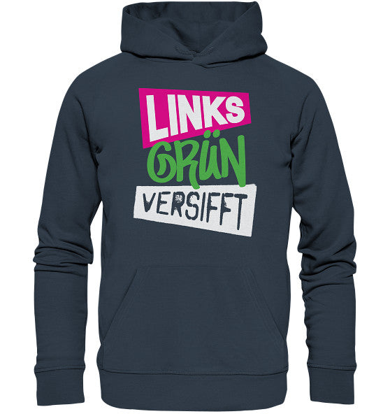 Vegan und Bio Hoodie: Wir sind Links Grün versifft! Grauer Hoodie mit rebellischem Statement-Design, betont nachhaltige Mode aus Bio-Baumwolle und recyceltem Polyester, normale Passform.