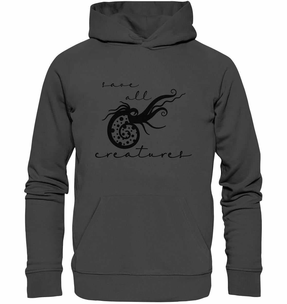 Vegan und Bio Hoodie: Save All Creatures mit schwarzem Meereskreaturen-Design, graue Kapuze, Kängurutasche, aus Bio-Baumwolle, symbolisiert Gleichberechtigung aller Lebewesen.
